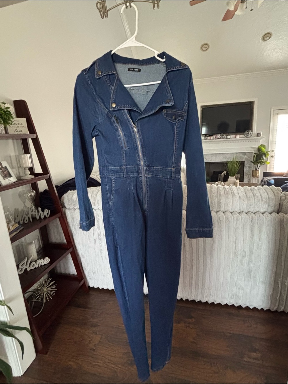 Fashion Nova Dark Blue Denim Moto Jumpsuit